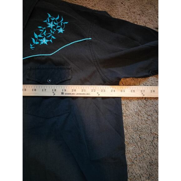 ELY CATTLEMAN XL Western Shirt - Aqua/Turquoise Floral Embroidery - Black Piping - Picture 6 of 6